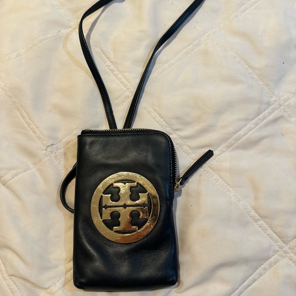 Tory Burch Black and Gold Leather Phone Holster